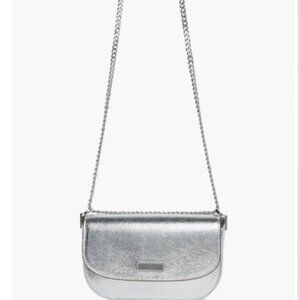 KATE SPADE NWT KRISTA Metallic Leather Chain Flap Crossbody Bag-Silver MSRP $349